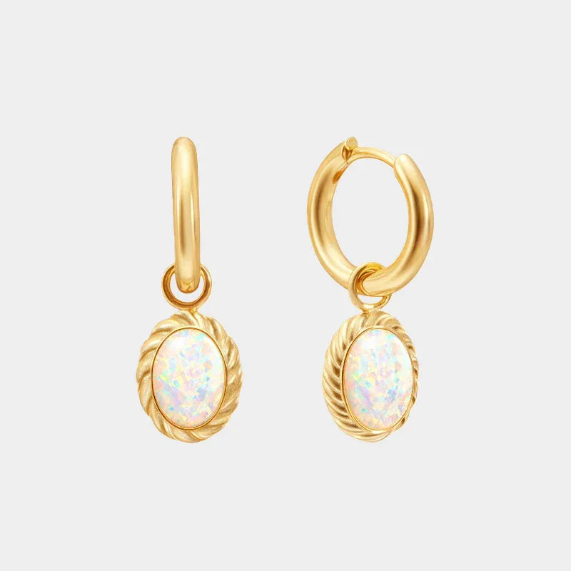 White Opal Oval Hoop Drop Earrings front product view on a light background
