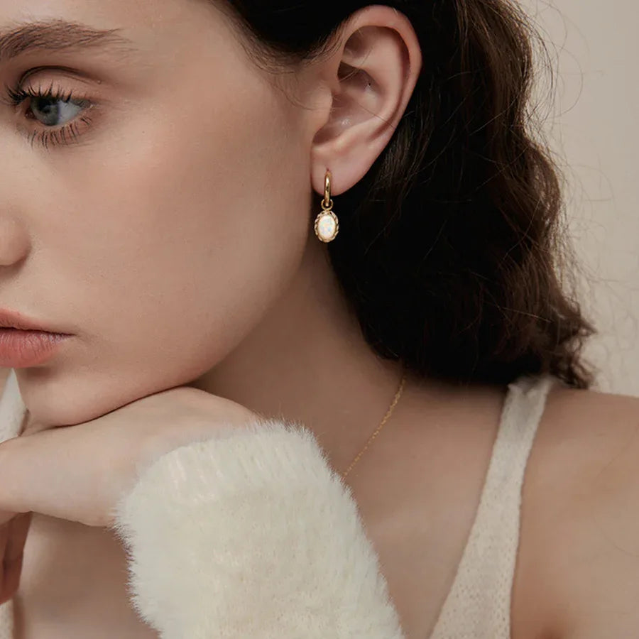 White Opal Oval Hoop Drop Earrings side profile view