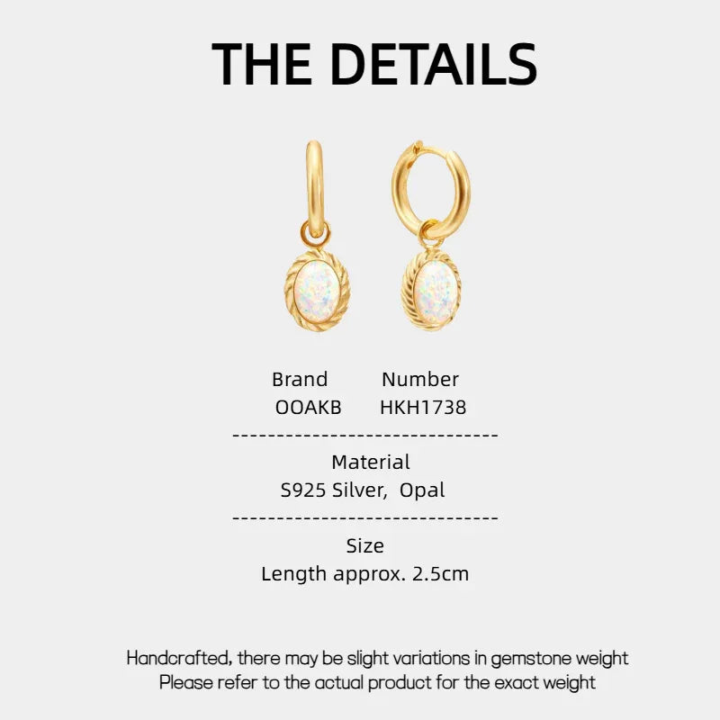 White Opal Oval Hoop Drop Earrings specification card with material and size details