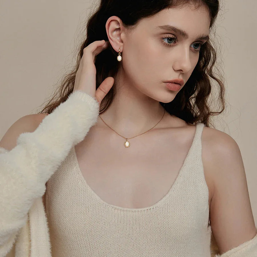 White Opal Oval Hoop Drop Earrings top setting detail