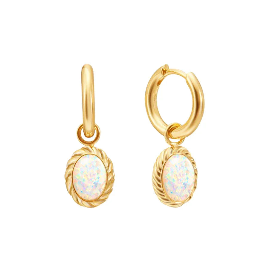 White Opal Oval Hoop Drop Earrings worn on the hand from another angle
