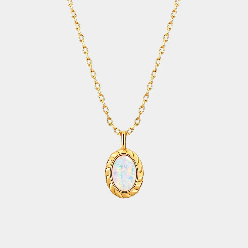 White Opal Oval Pendant Necklace full necklace view on a light background