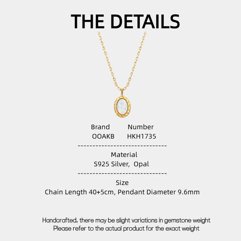 White Opal Oval Pendant Necklace specification card with material and size details