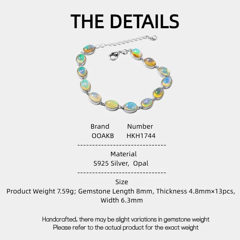 White Opal Oval Station Bracelet specification card with material and size details