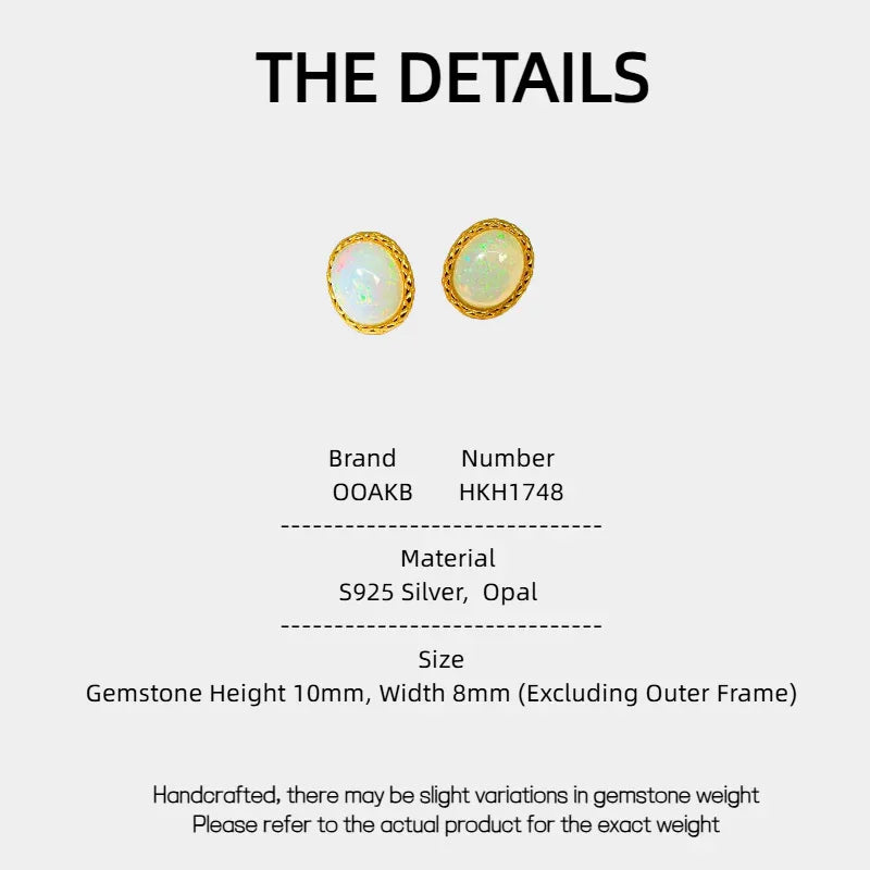 White Opal Oval Stud Earrings specification card with material and size details