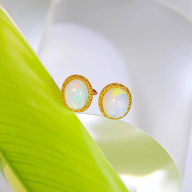 White Opal Oval Stud Earrings top setting detail