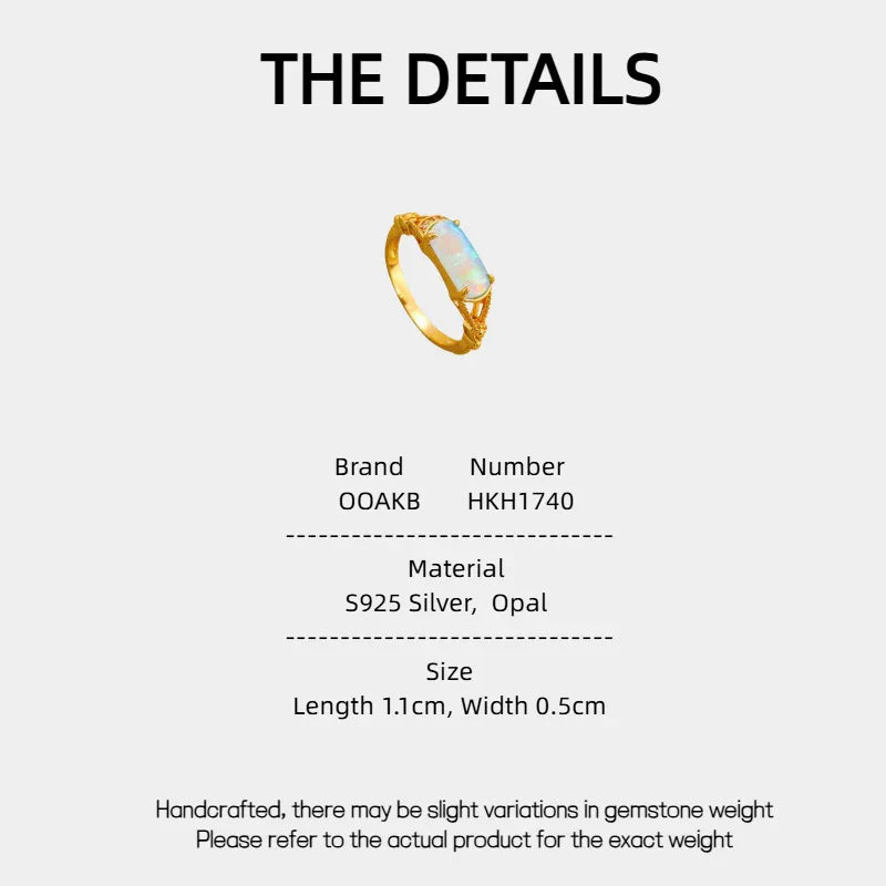 White Opal Rectangular Ring specification card with material and size details
