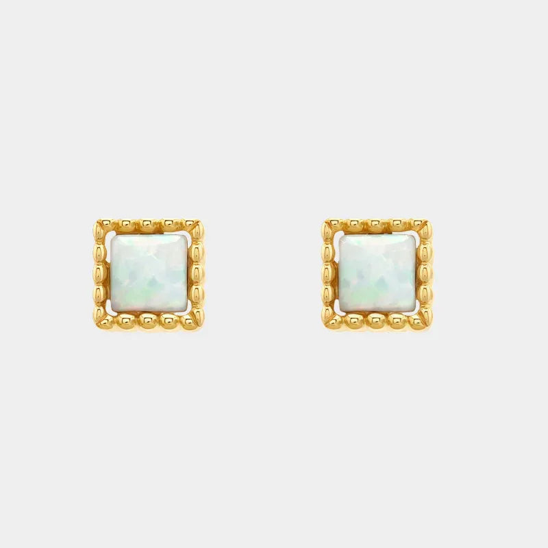 White Opal Square Stud Earrings front product view on a light background