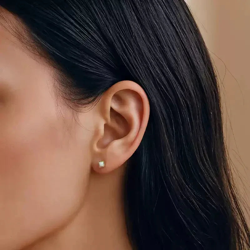White Opal Square Stud Earrings side profile view