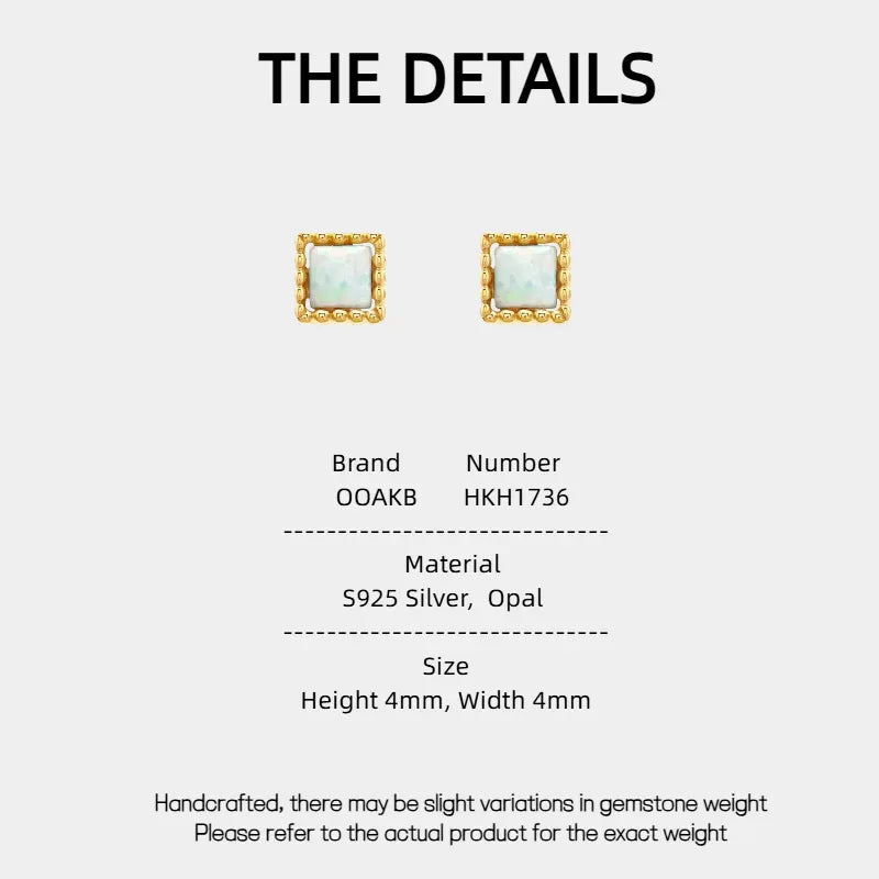 White Opal Square Stud Earrings specification card with material and size details