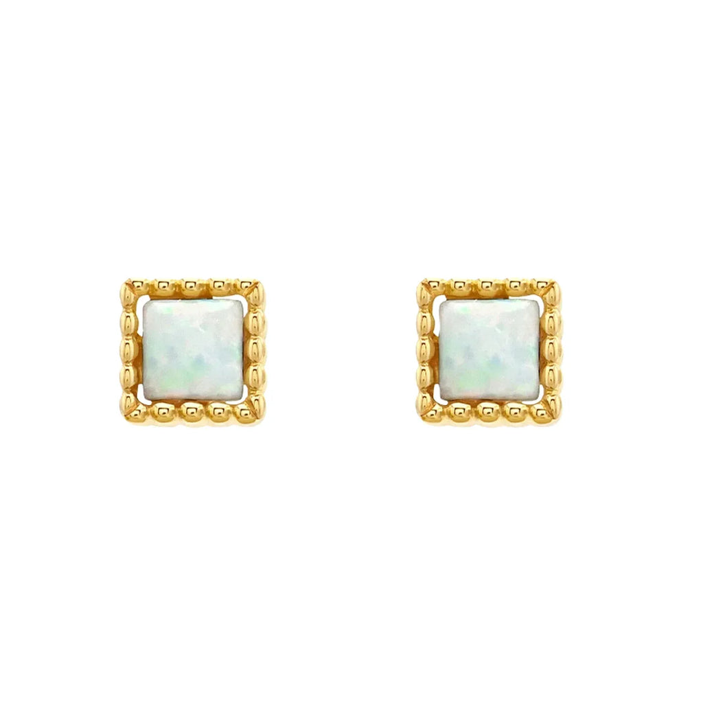 White Opal Square Stud Earrings worn on the hand from another angle
