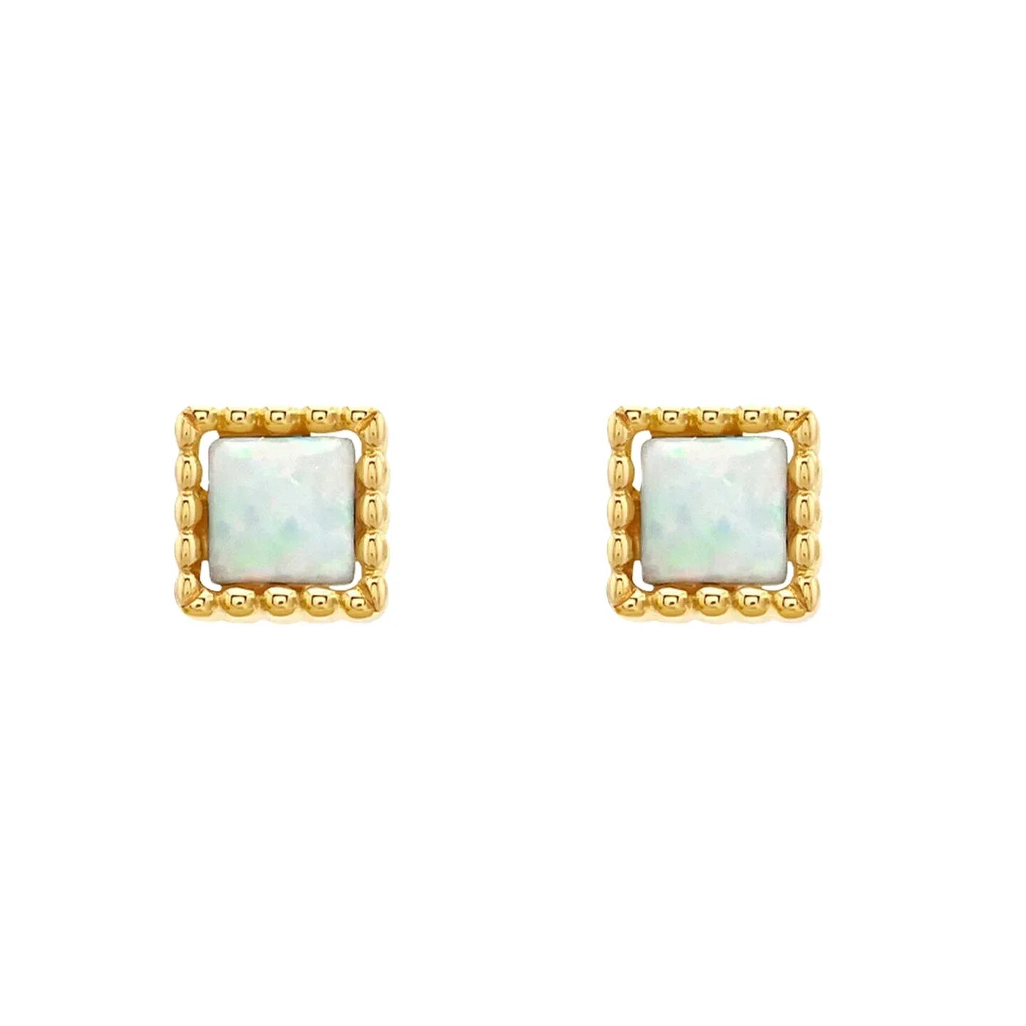 White Opal Square Stud Earrings worn on the hand from another angle
