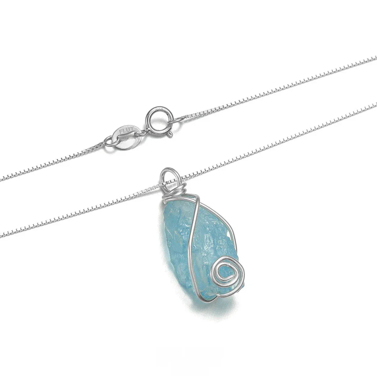 Wire-Wrapped Raw Aquamarine Pendant Necklace angled pendant detail on white