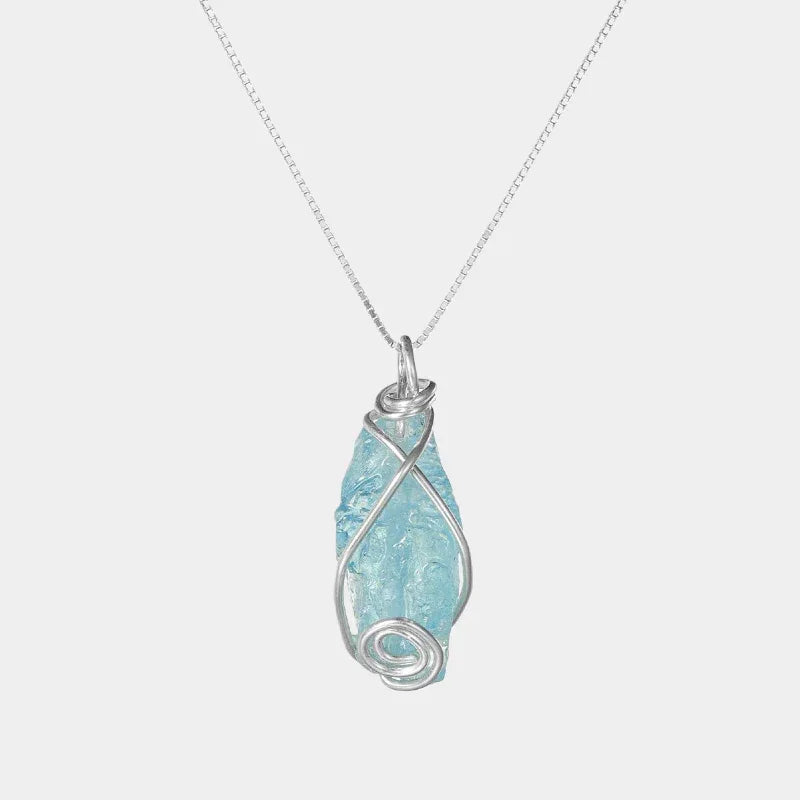 Wire-Wrapped Raw Aquamarine Pendant Necklace full necklace view on a white background