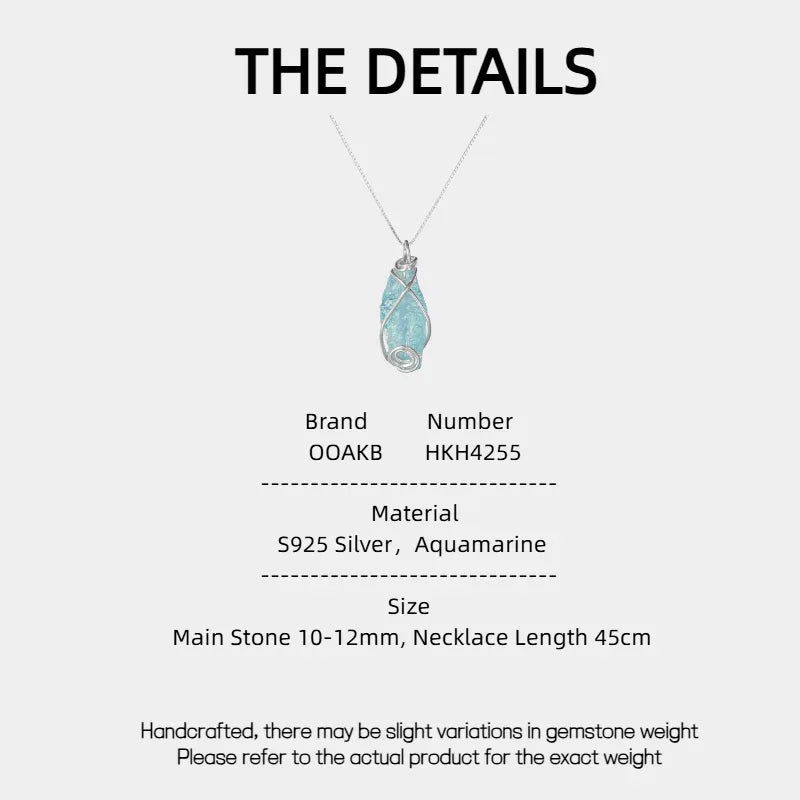 Wire-Wrapped Raw Aquamarine Pendant Necklace specification card with product measurements