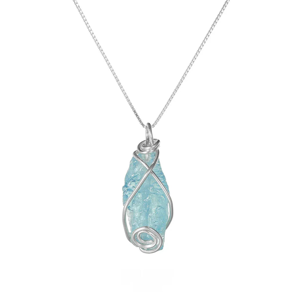 Wire-Wrapped Raw Aquamarine Pendant Necklace styled neckline view showing pendant scale