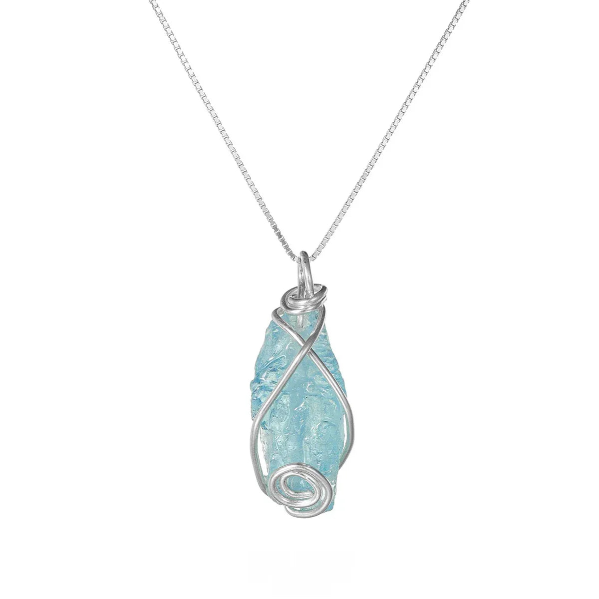 Wire-Wrapped Raw Aquamarine Pendant Necklace styled neckline view showing pendant scale