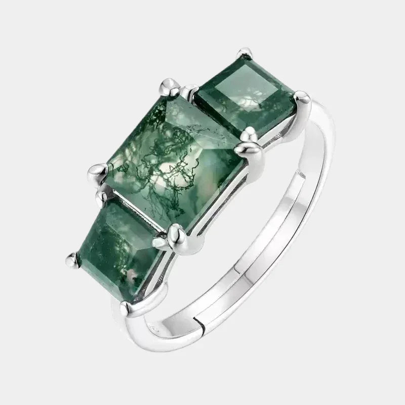 Women's Double Main Stone Moss Agate Open Ring — front product view on a light background