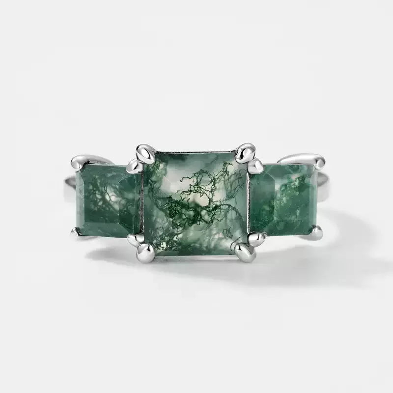 Women's Double Main Stone Moss Agate Open Ring — front setting detail 3