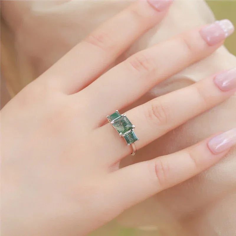 Women's Double Main Stone Moss Agate Open Ring — hand-worn scale view 2
