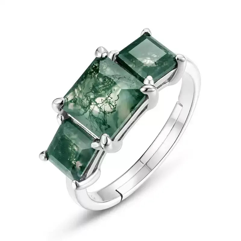 Women's Double Main Stone Moss Agate Open Ring — side profile and band detail 4