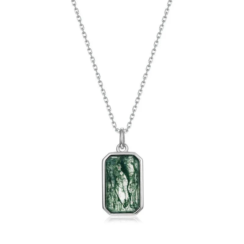Women's Geometric Rectangular Moss Agate Pendant — angled pendant and chain detail 4