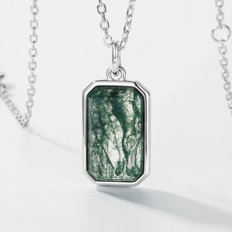 Women's Geometric Rectangular Moss Agate Pendant — full necklace arrangement 5