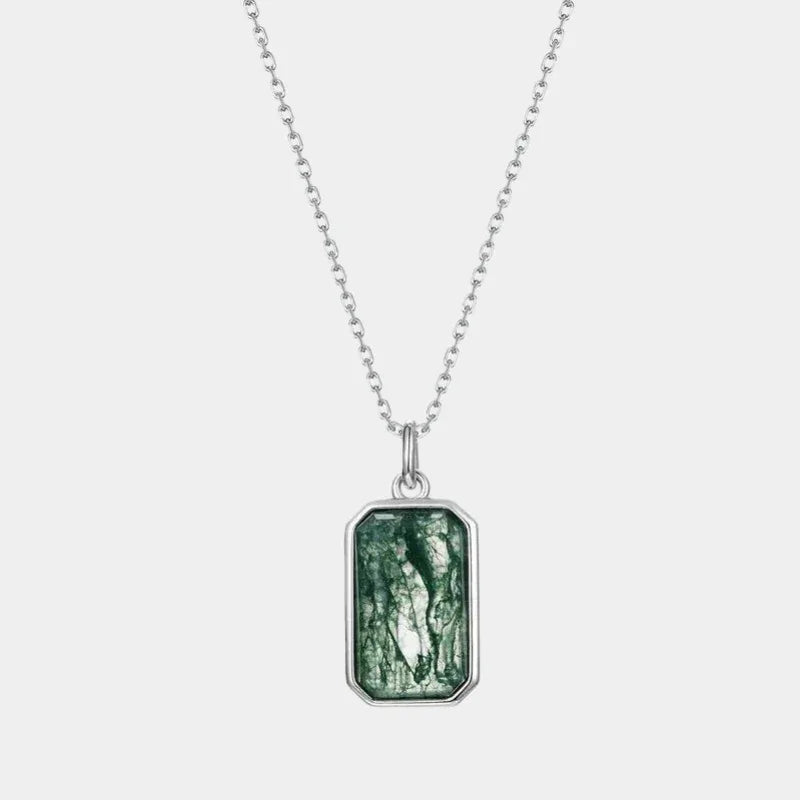 Women's Geometric Rectangular Moss Agate Pendant — full necklace view on a light background