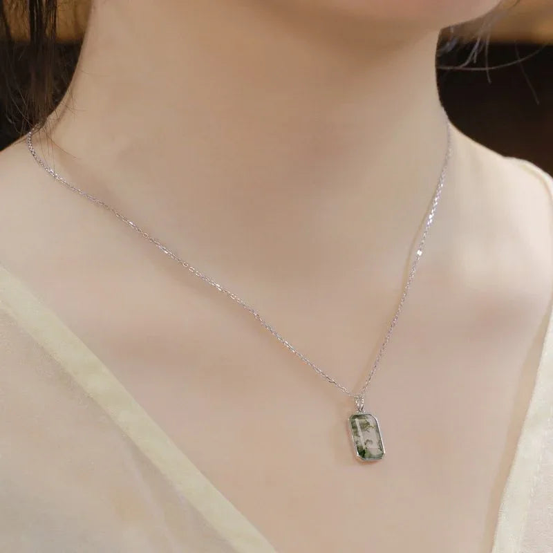 Women's Geometric Rectangular Moss Agate Pendant — neckline scale view 2