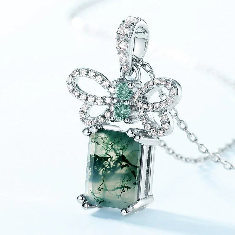 Rectangular Moss Agate Bow Pendant Necklace — angled bow and pendant view