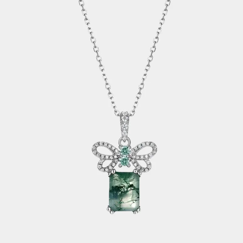 Rectangular Moss Agate Bow Pendant Necklace — full necklace on white background