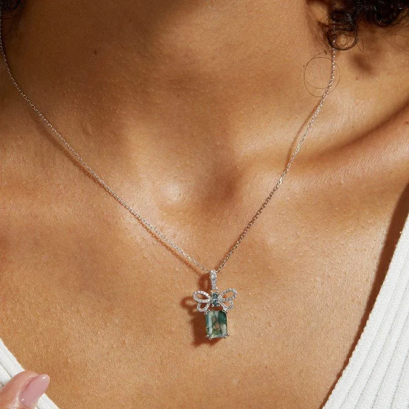 Rectangular Moss Agate Bow Pendant Necklace — necklace worn at the neckline