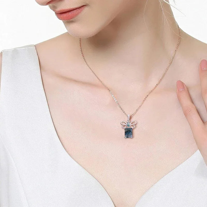 Rectangular Moss Agate Bow Pendant Necklace — second neckline-worn view