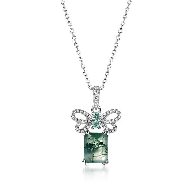 Rectangular Moss Agate Bow Pendant Necklace — alternate full necklace view