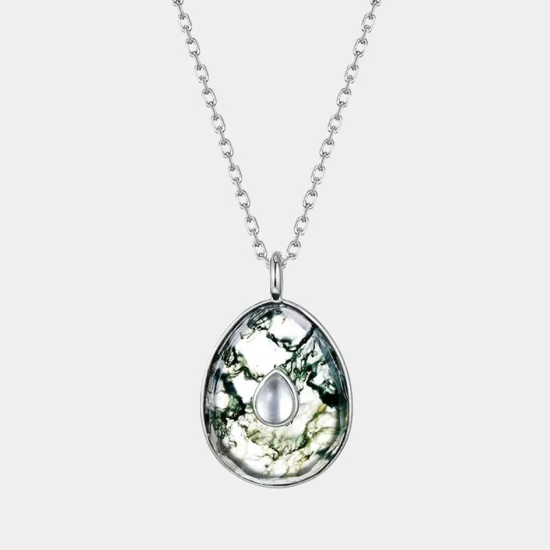 Women's Oval Moss Agate Pendant Necklace — full necklace view on a light background