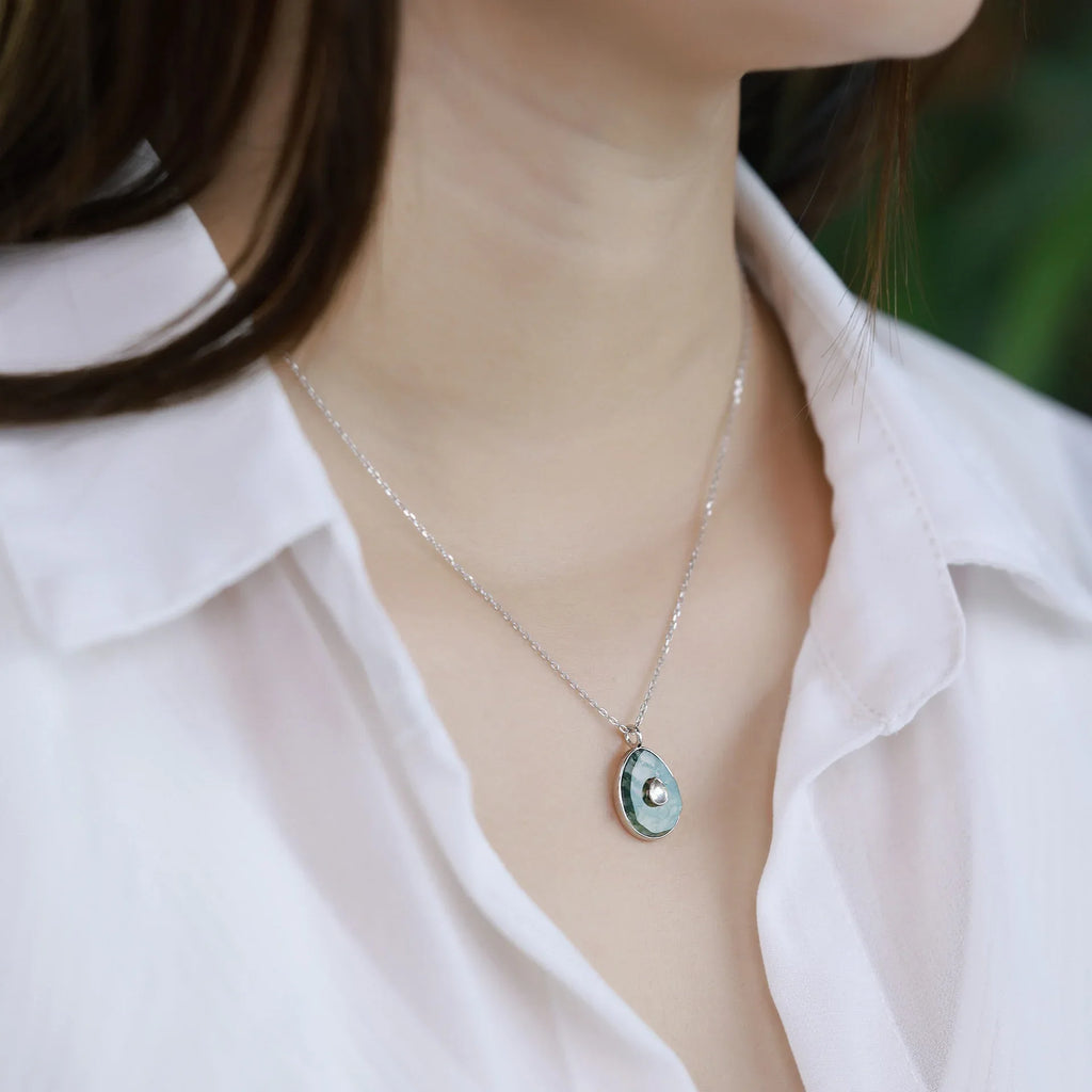 Women's Oval Moss Agate Pendant Necklace — neckline scale view 2