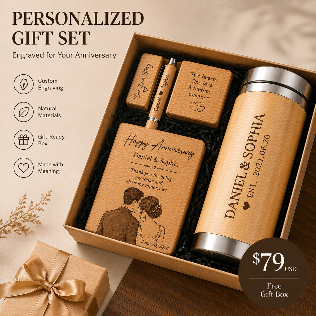 Wooden Stationery Gift Set, presented with its gift box and accessories