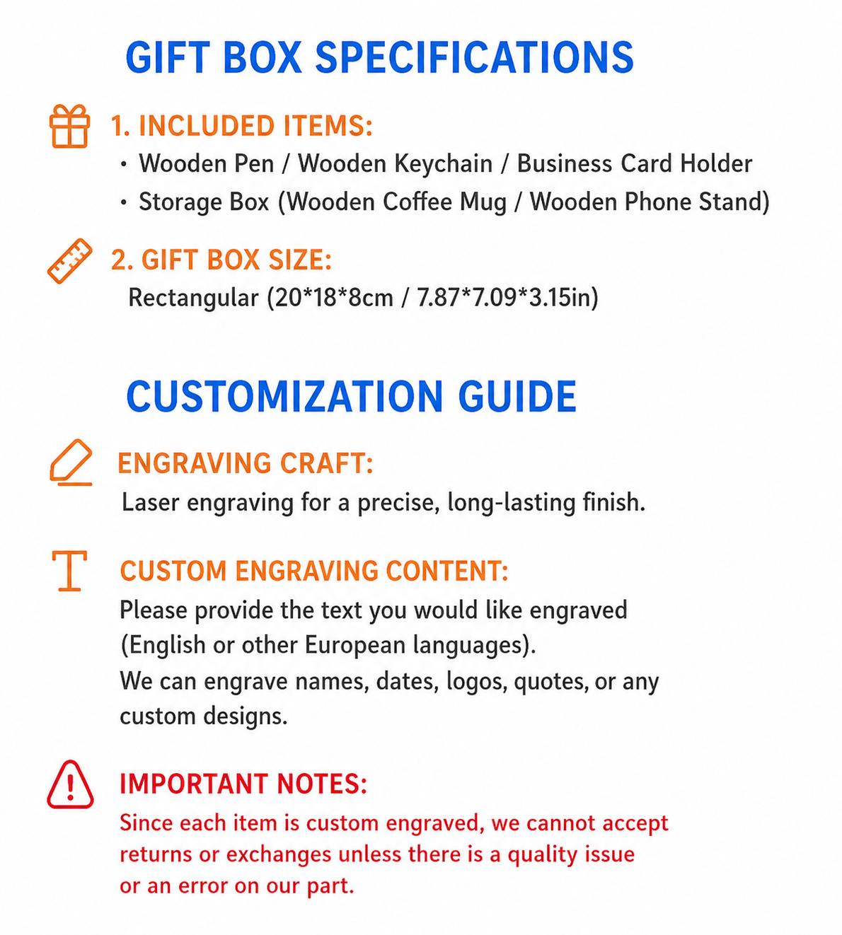 Wooden Stationery Gift Set, detail infographic showing materials and construction