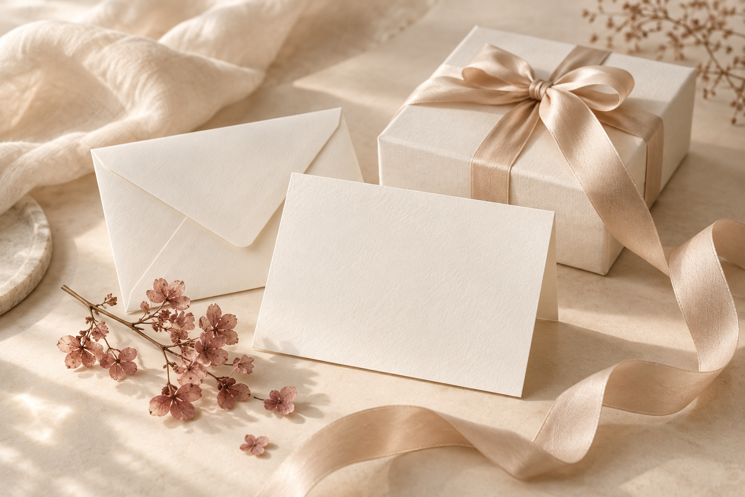 Ivory gift box, blank correspondence and champagne ribbon with dried rose-toned flowers