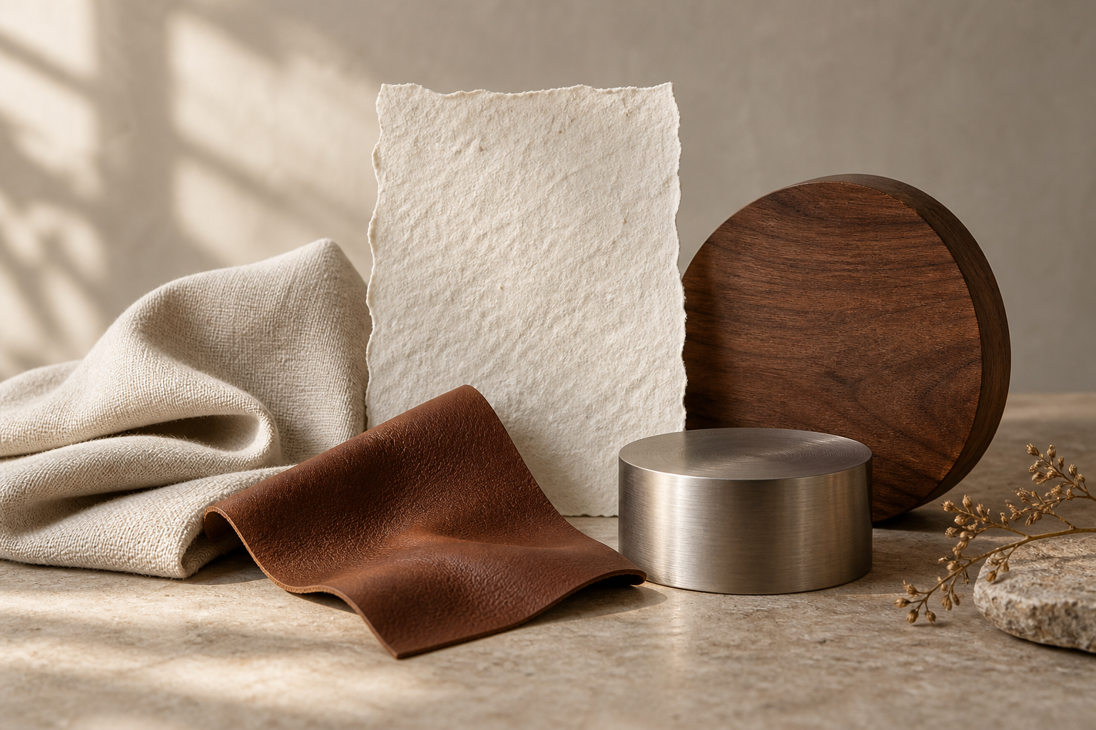 Paper, cotton fabric, leather, walnut and brushed metal arranged as an abstract still life