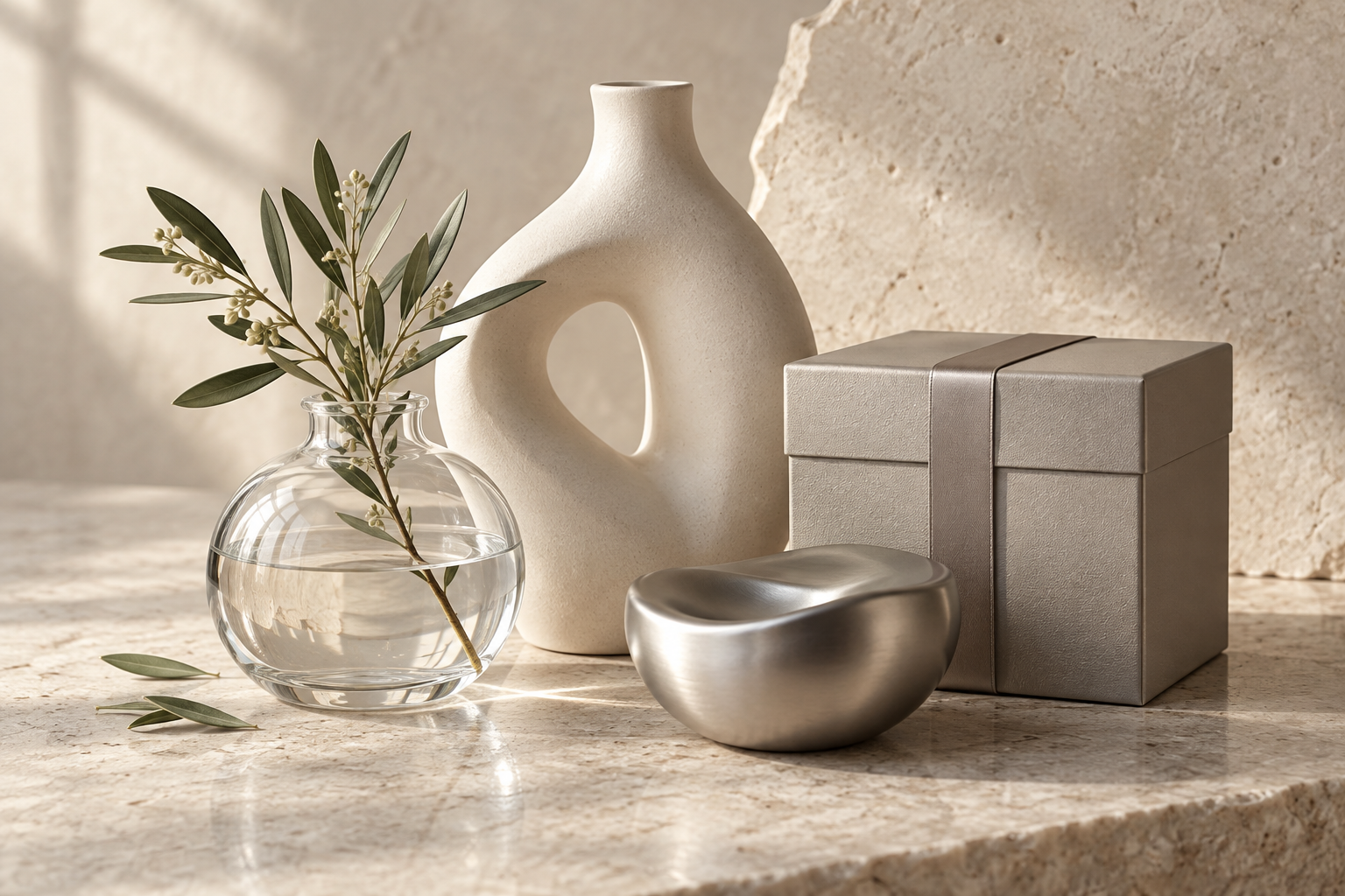 Glass, ivory porcelain, silver-toned metal and a geometric gift box on warm stone